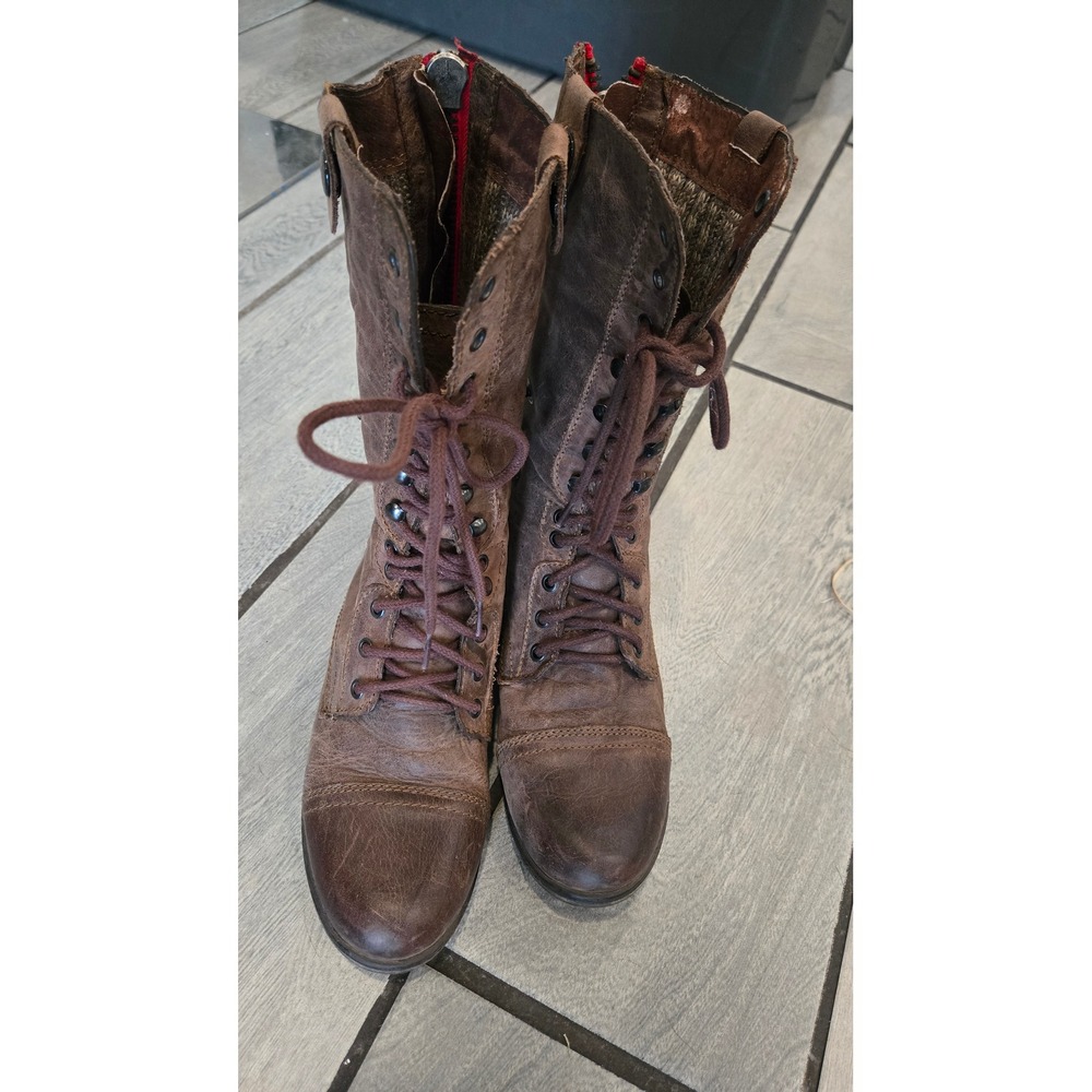 Steve Madden Troopa2-0 Brown Leather Combat Boots Red Zip Mid Calf Womens 10